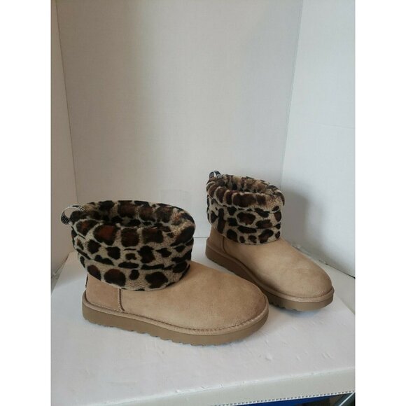 UGG Fluff Mini Quilted Leopard Cuff Suede Sheepskin Ankle Boots Size 10 Women - Picture 1 of 8